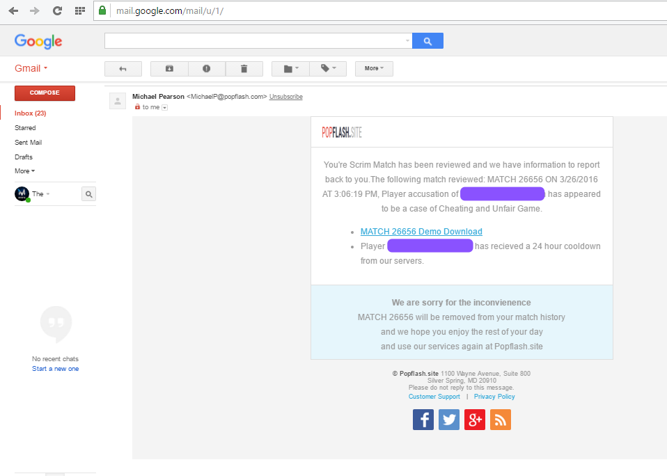 a fake email from a consumer accusing a player of cheating on my platform